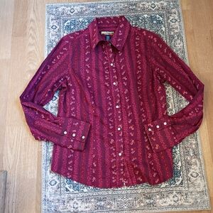 Havana Jack's Cafe Shirt Women's L Button-Down Fuchsia Pink Floral Cotton Boho